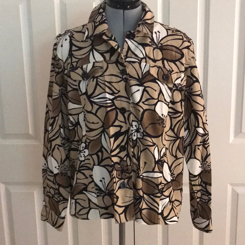 Alfred Dunner Black White Brown & Tan Floral Button Up Jacket Sequin Accents 12